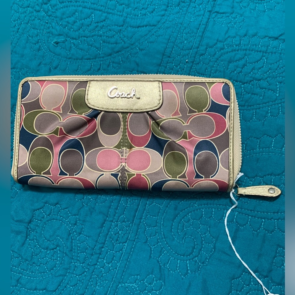 Coach Signature Zip-Around Wallet in Pink, Olive, Navy & Beige